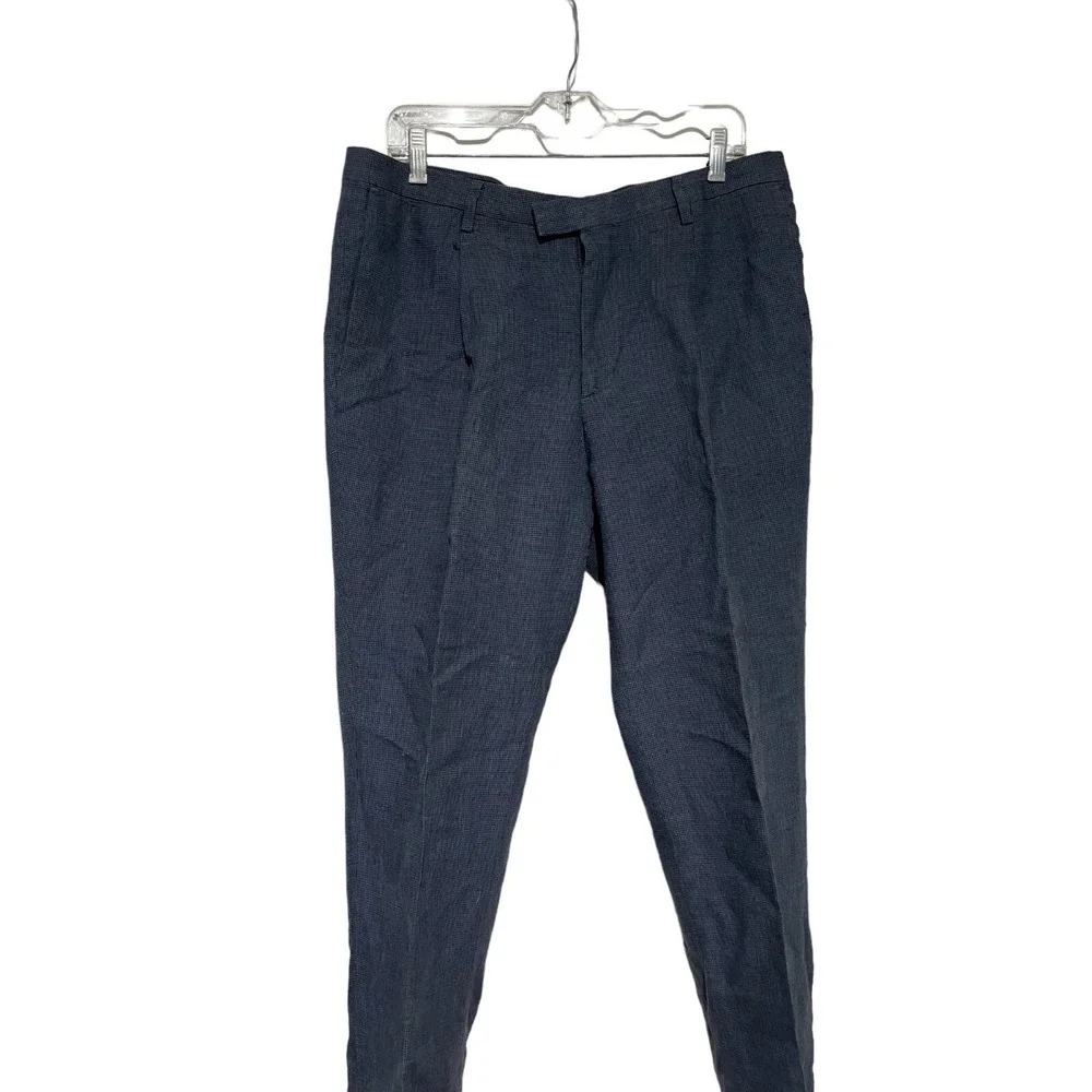 Banana Republic Slim Fit Linen Pants Mens 33x34 Navy Blue Micro Check Trousers